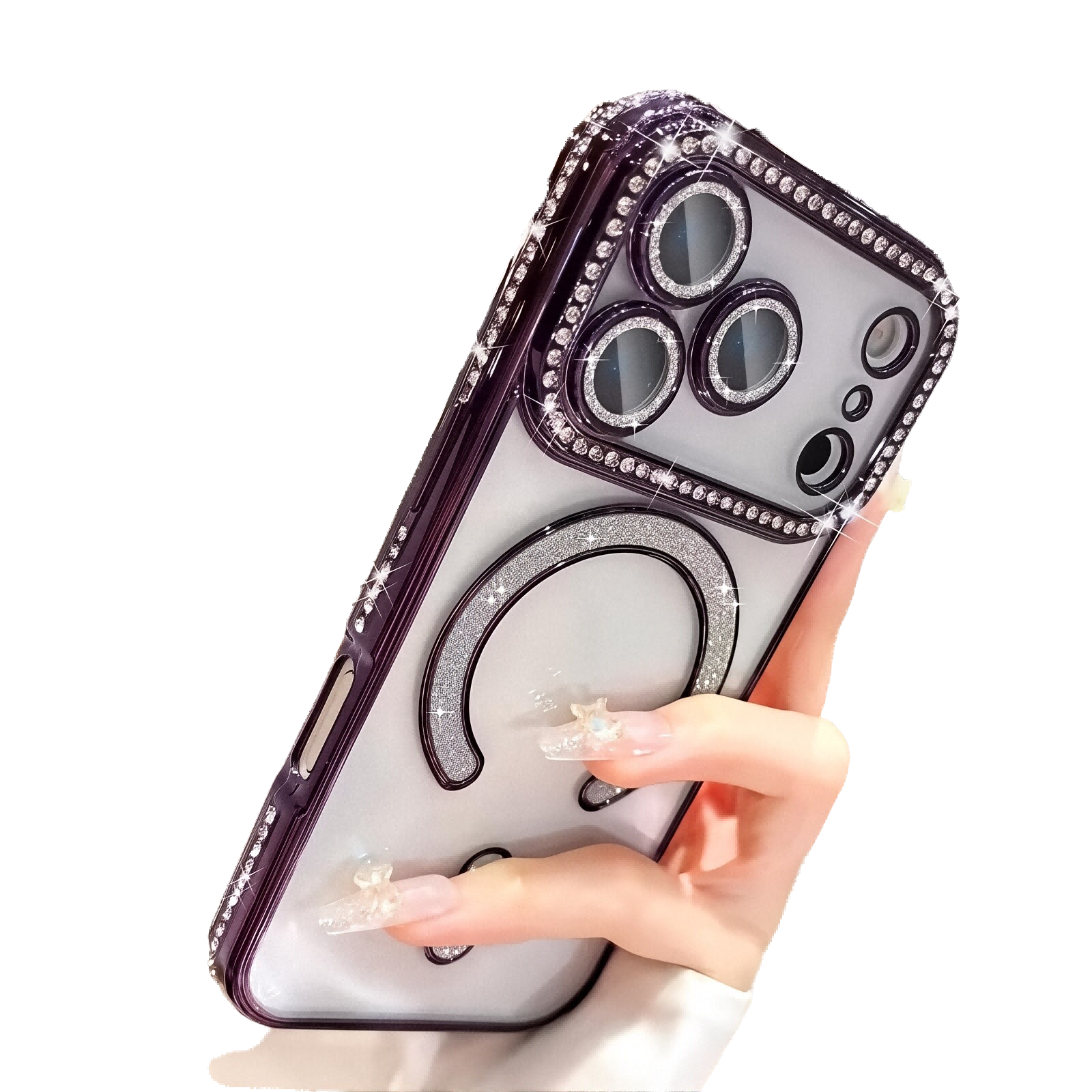 Plating Glitter Rhinestone Crtstal Clear Case For iPhone,Compatible with MagSafe,Camera Lens Protector