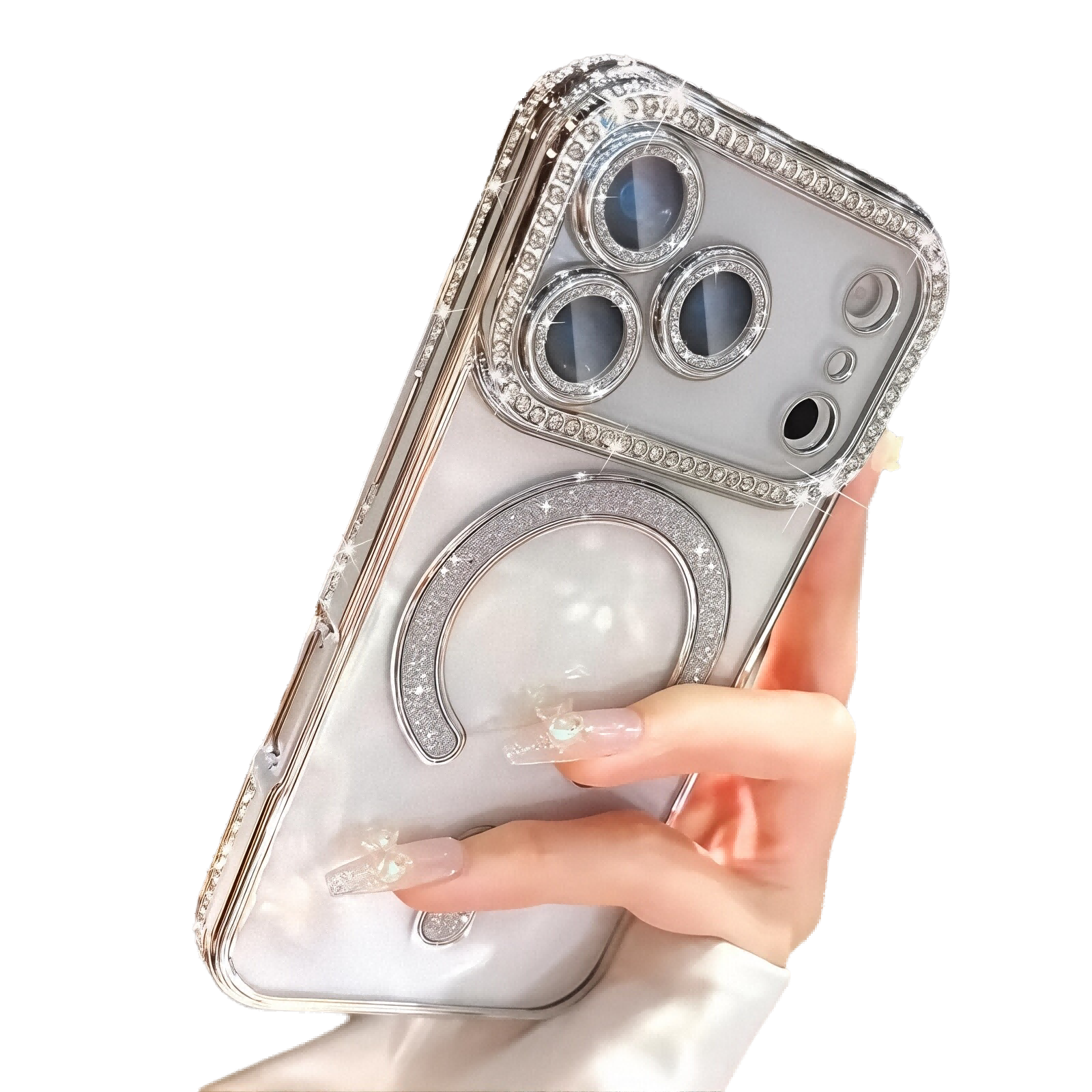 Plating Glitter Rhinestone Crtstal Clear Case For iPhone,Compatible with MagSafe,Camera Lens Protector