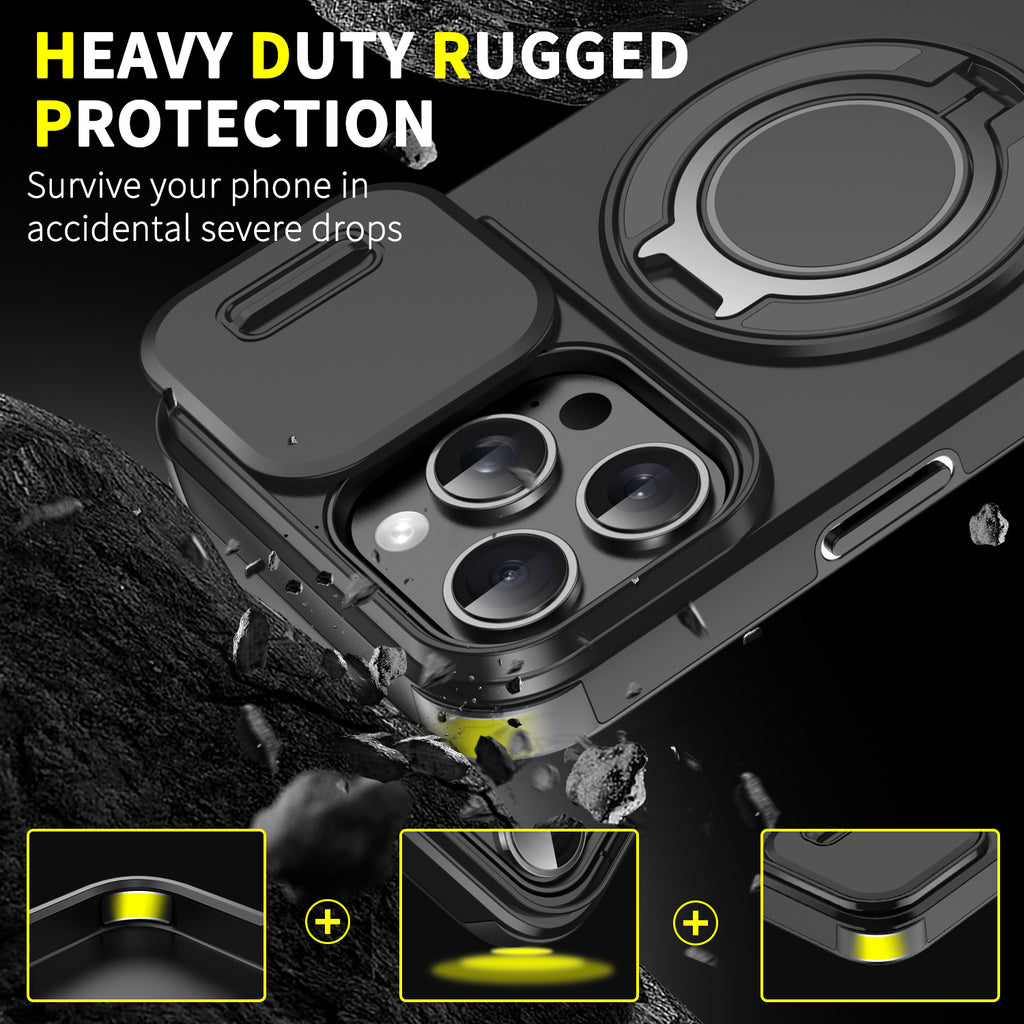 Heavy Duty Case for iPhone,Sliding Camera Cover with Rotate Ring Kickstand