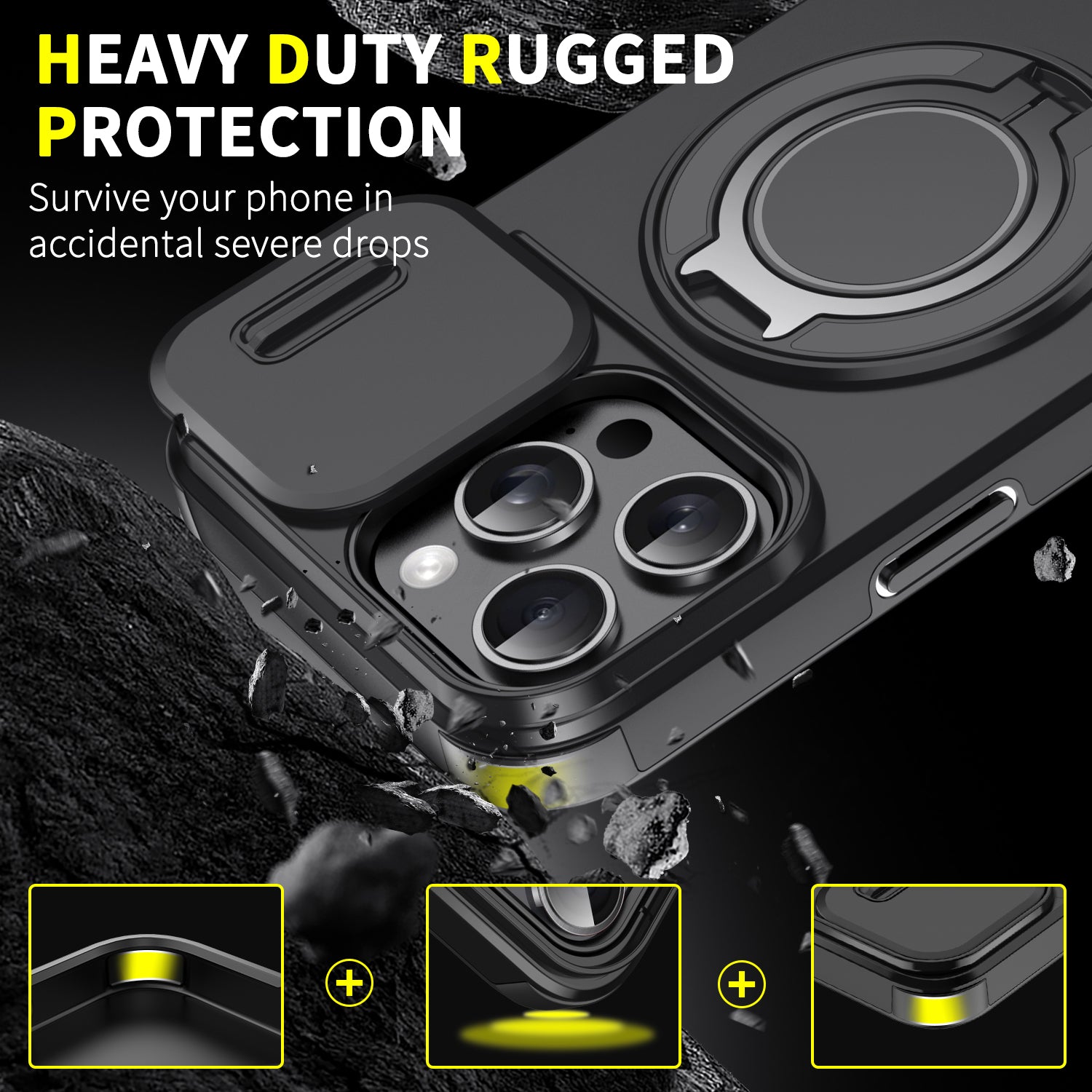 Heavy Duty Case for iPhone,Sliding Camera Cover with Rotate Ring Kickstand