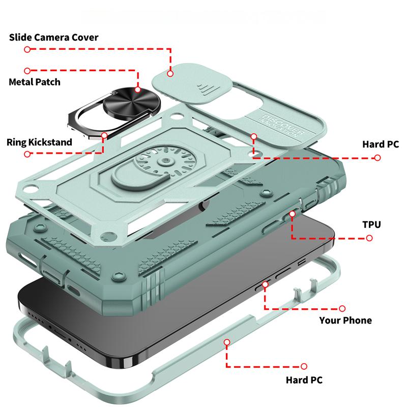 Slide Camera Lens Protection Rugged iPhone Case for Magnetic Ring Stand Heavy Duty Drop Protection Cover