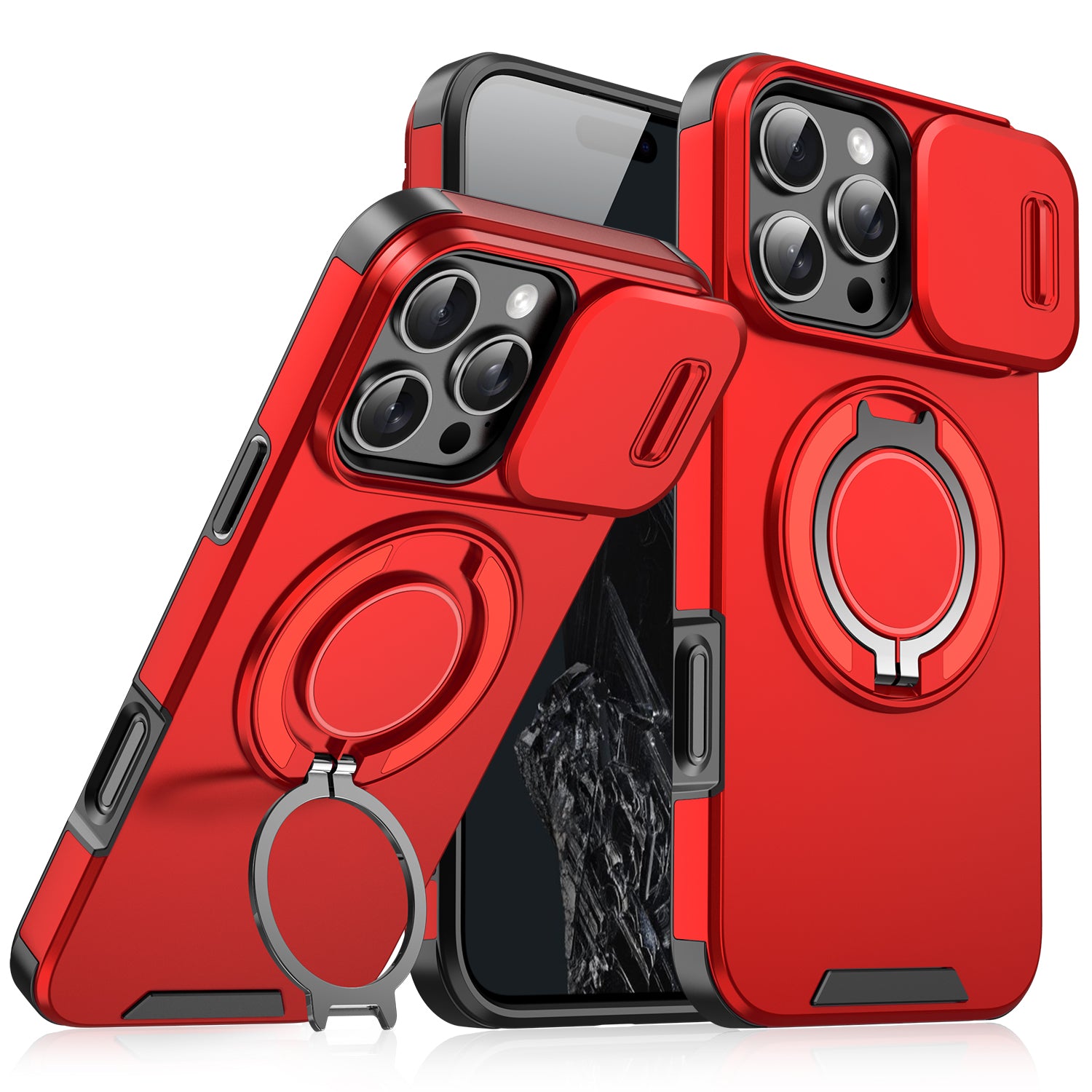 Heavy Duty Case for iPhone,Sliding Camera Cover with Rotate Ring Kickstand