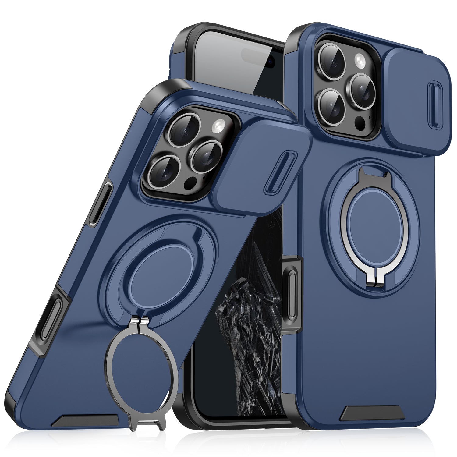 Heavy Duty Case for iPhone,Sliding Camera Cover with Rotate Ring Kickstand