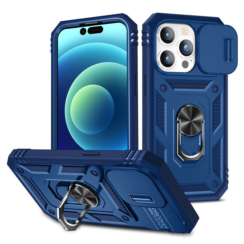 Slide Camera Lens Protection Rugged iPhone Case for Magnetic Ring Stand Heavy Duty Drop Protection Cover