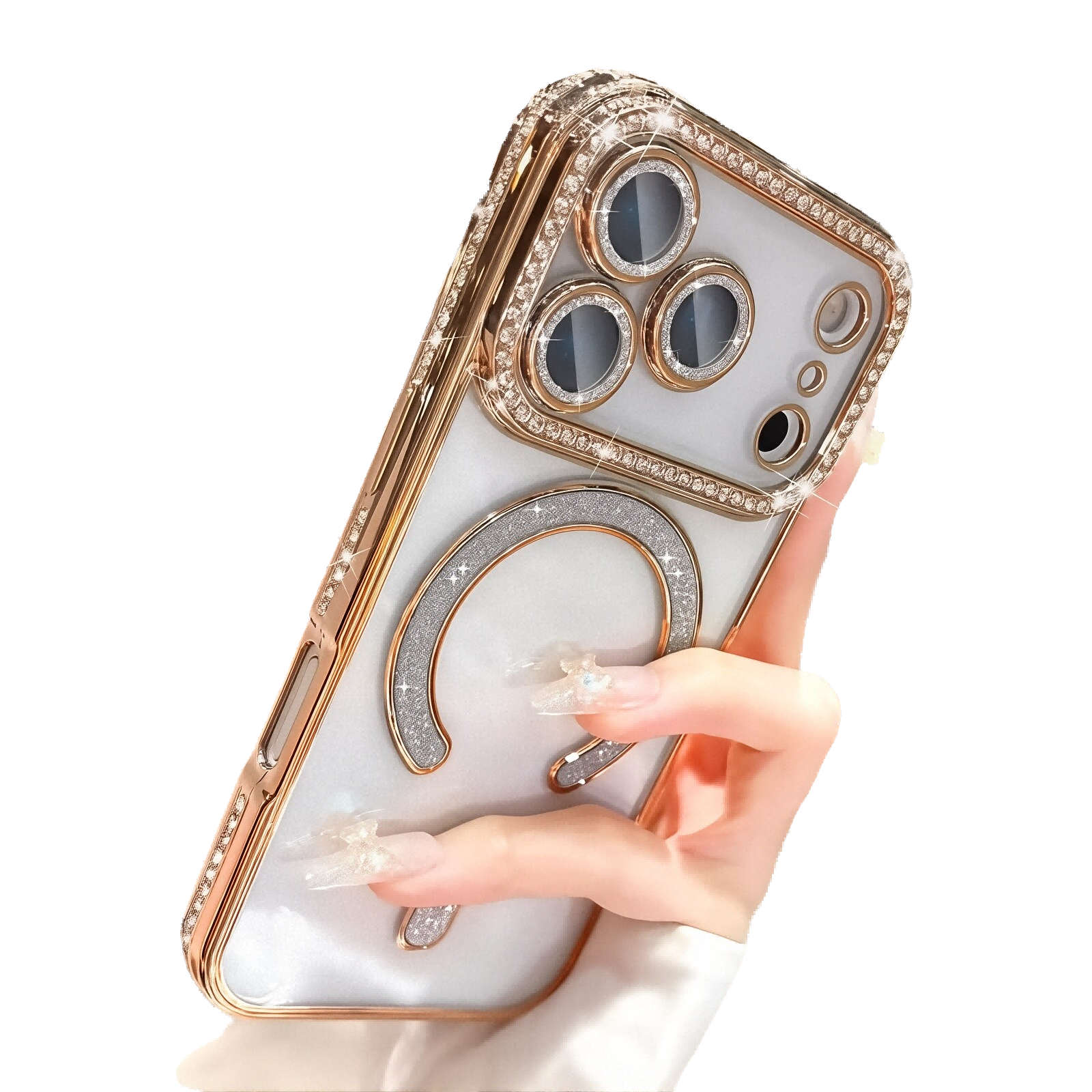 Plating Glitter Rhinestone Crtstal Clear Case For iPhone,Compatible with MagSafe,Camera Lens Protector