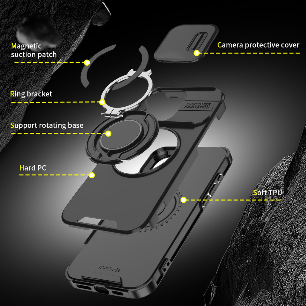 Heavy Duty Case for iPhone,Sliding Camera Cover with Rotate Ring Kickstand