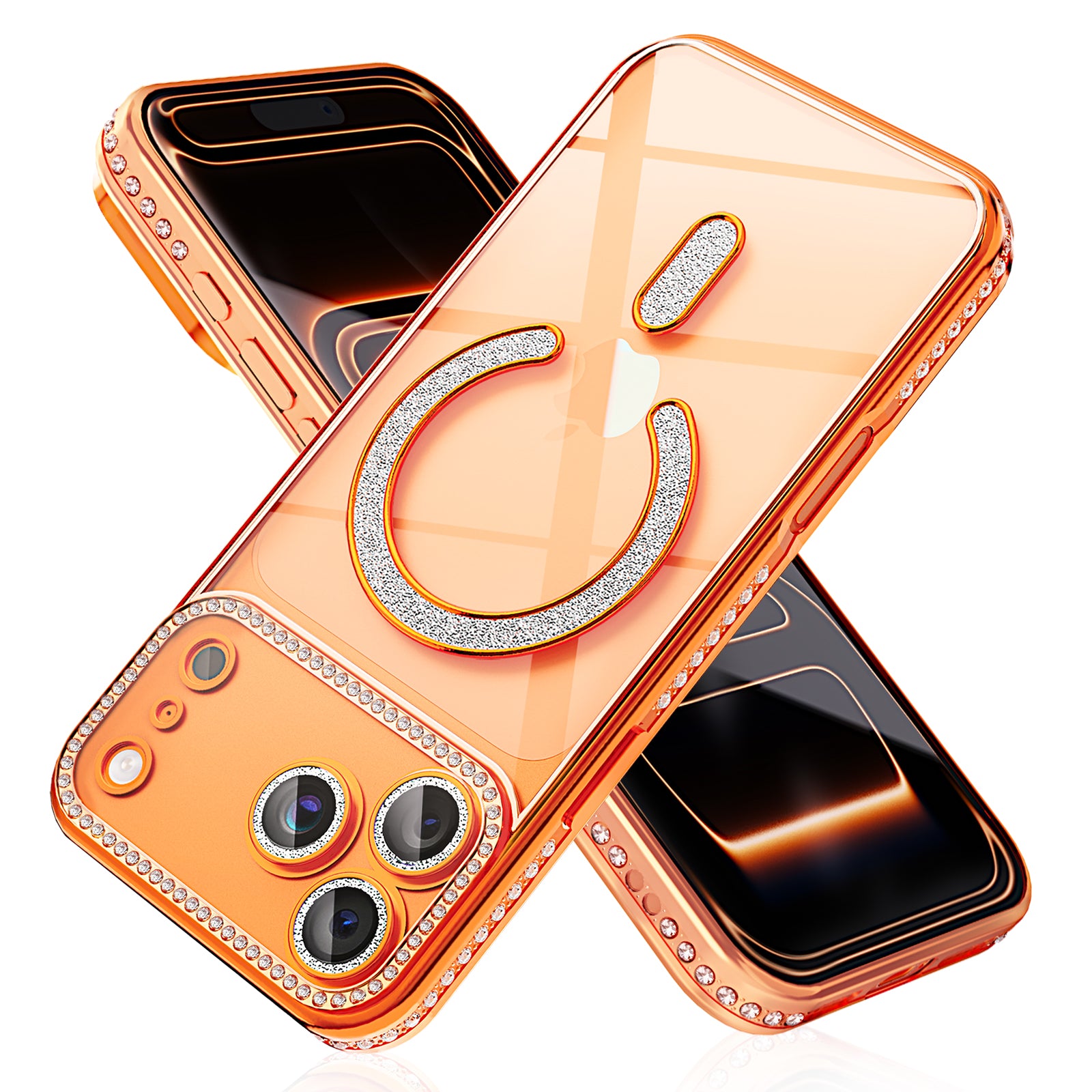 Plating Glitter Rhinestone Crtstal Clear Case For iPhone,Compatible with MagSafe,Camera Lens Protector