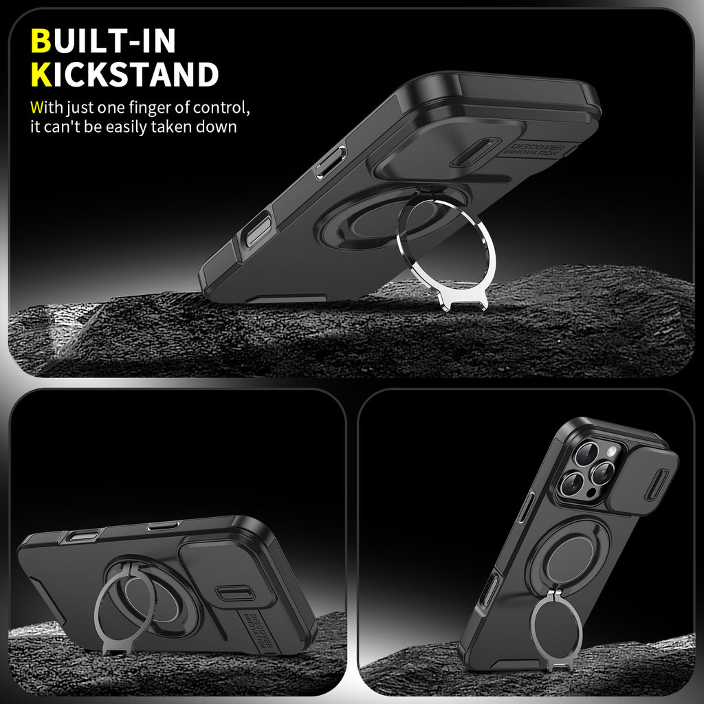 Heavy Duty Case for iPhone,Sliding Camera Cover with Rotate Ring Kickstand