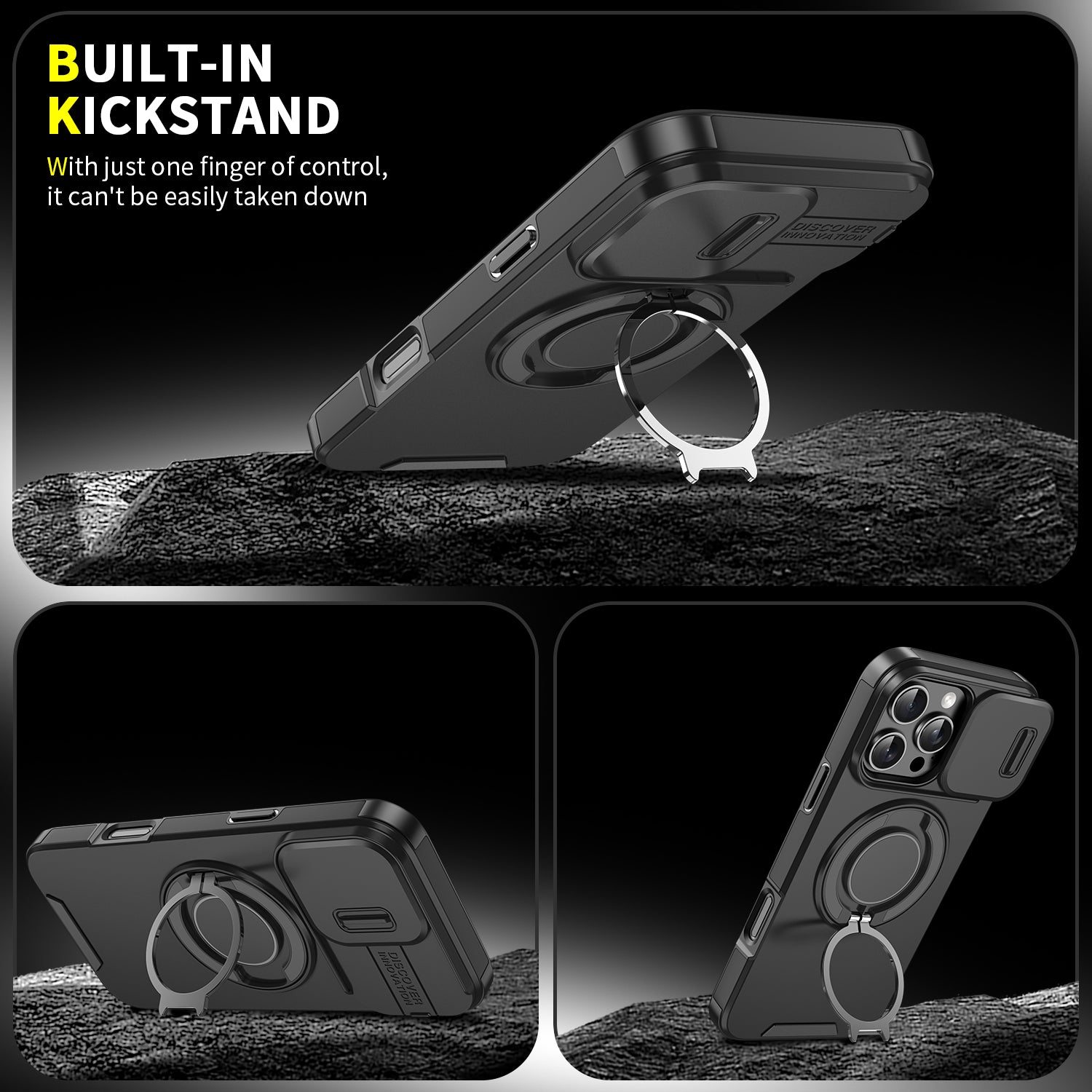 Heavy Duty Case for iPhone,Sliding Camera Cover with Rotate Ring Kickstand