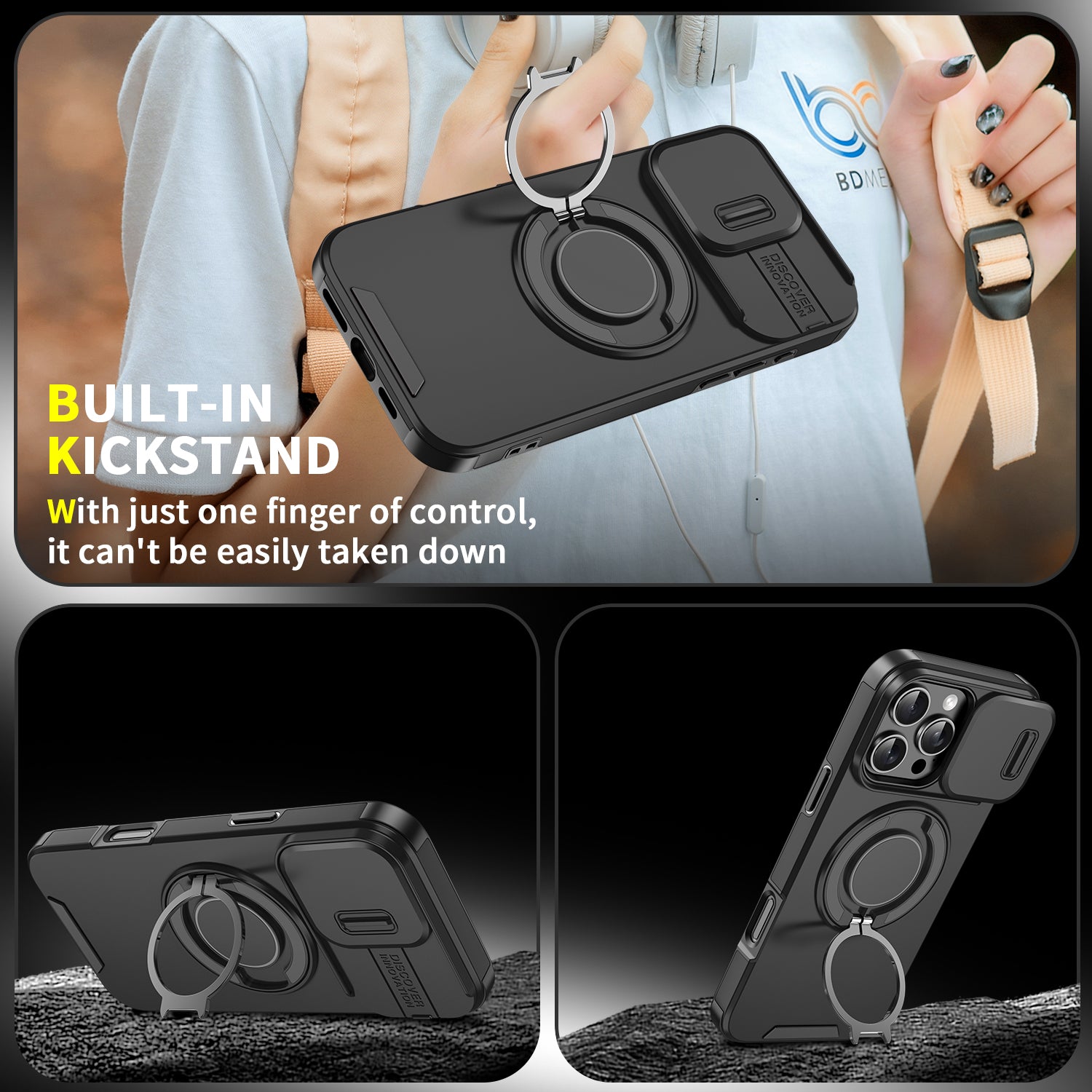 Heavy Duty Case for iPhone,Sliding Camera Cover with Rotate Ring Kickstand