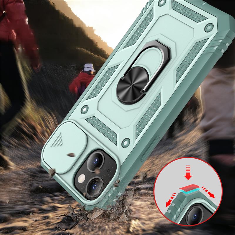 Slide Camera Lens Protection Rugged iPhone Case for Magnetic Ring Stand Heavy Duty Drop Protection Cover