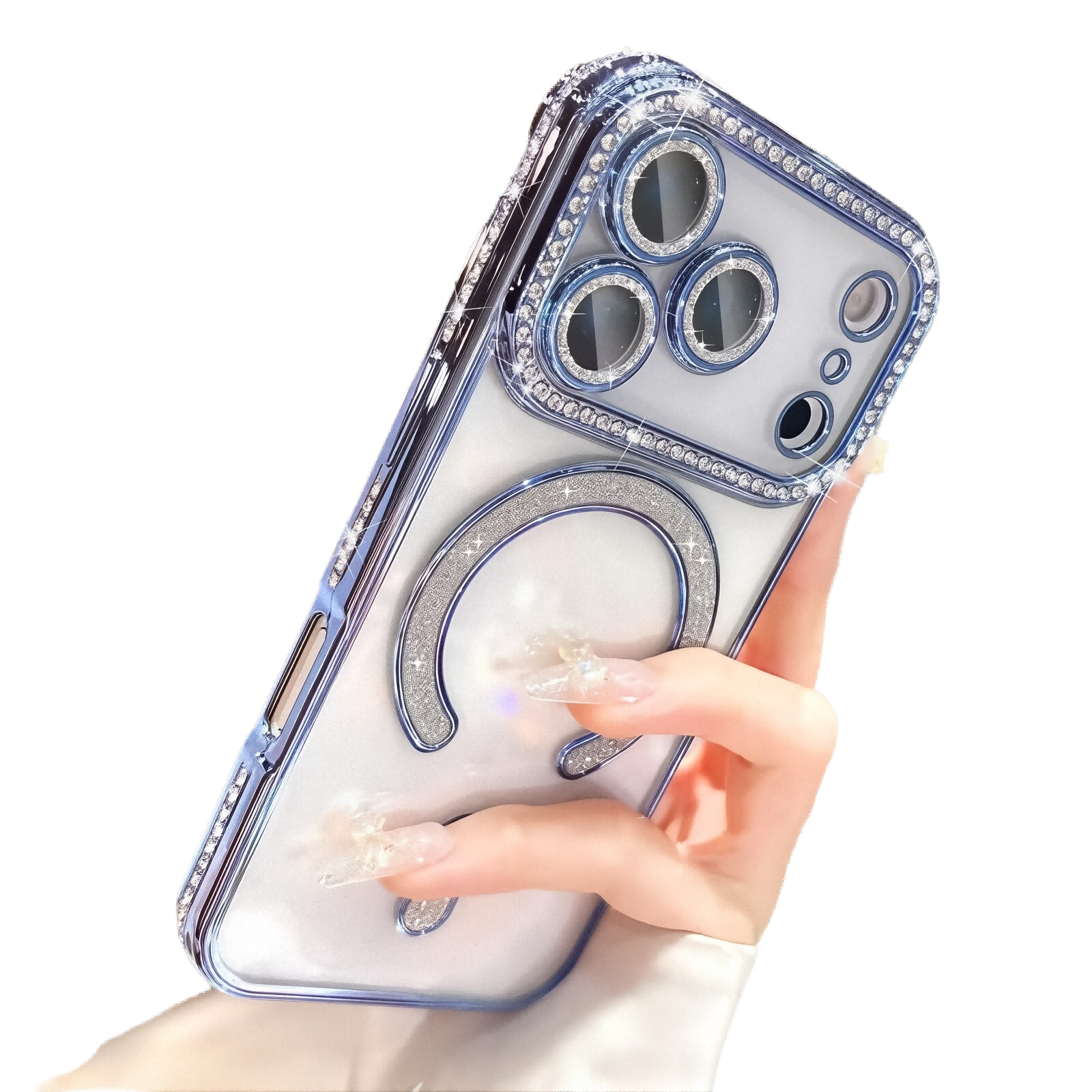 Plating Glitter Rhinestone Crtstal Clear Case For iPhone,Compatible with MagSafe,Camera Lens Protector