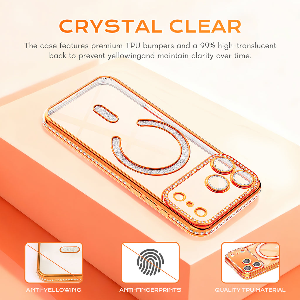 Plating Glitter Rhinestone Crtstal Clear Case For iPhone,Compatible with MagSafe,Camera Lens Protector