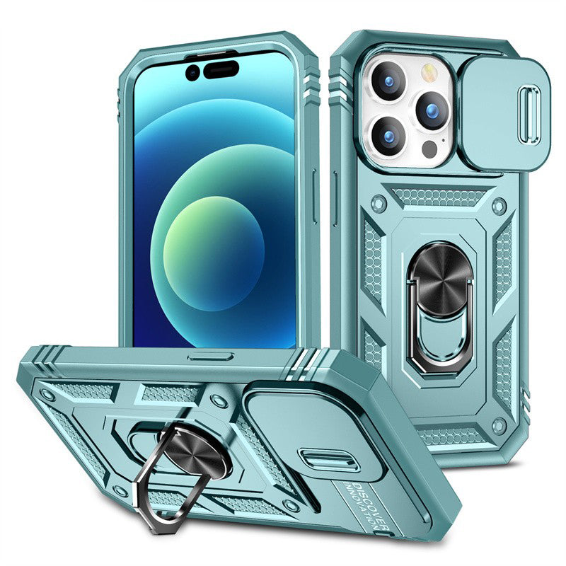 Slide Camera Lens Protection Rugged iPhone Case for Magnetic Ring Stand Heavy Duty Drop Protection Cover