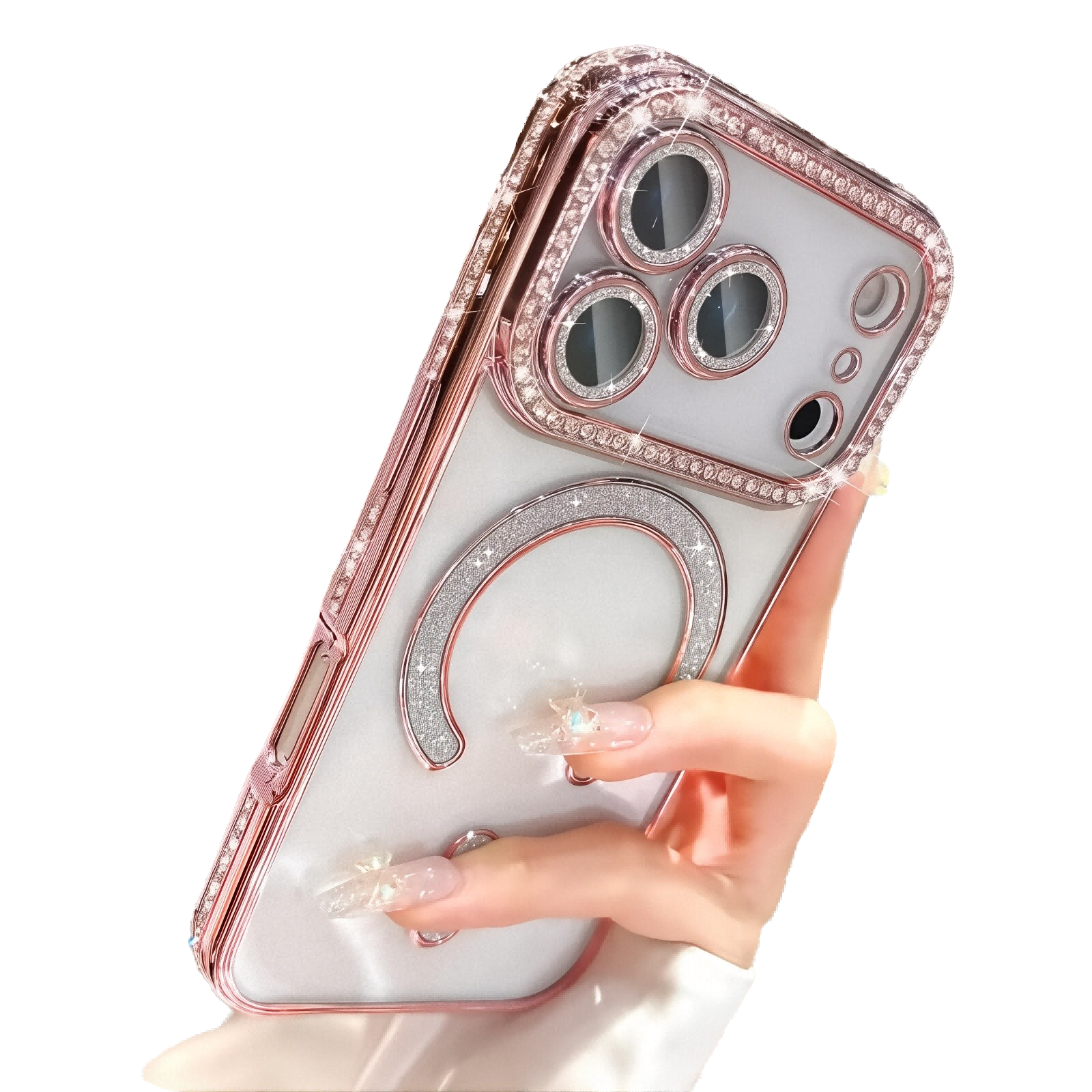 Plating Glitter Rhinestone Crtstal Clear Case For iPhone,Compatible with MagSafe,Camera Lens Protector