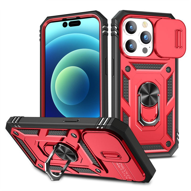 Slide Camera Lens Protection Rugged iPhone Case for Magnetic Ring Stand Heavy Duty Drop Protection Cover