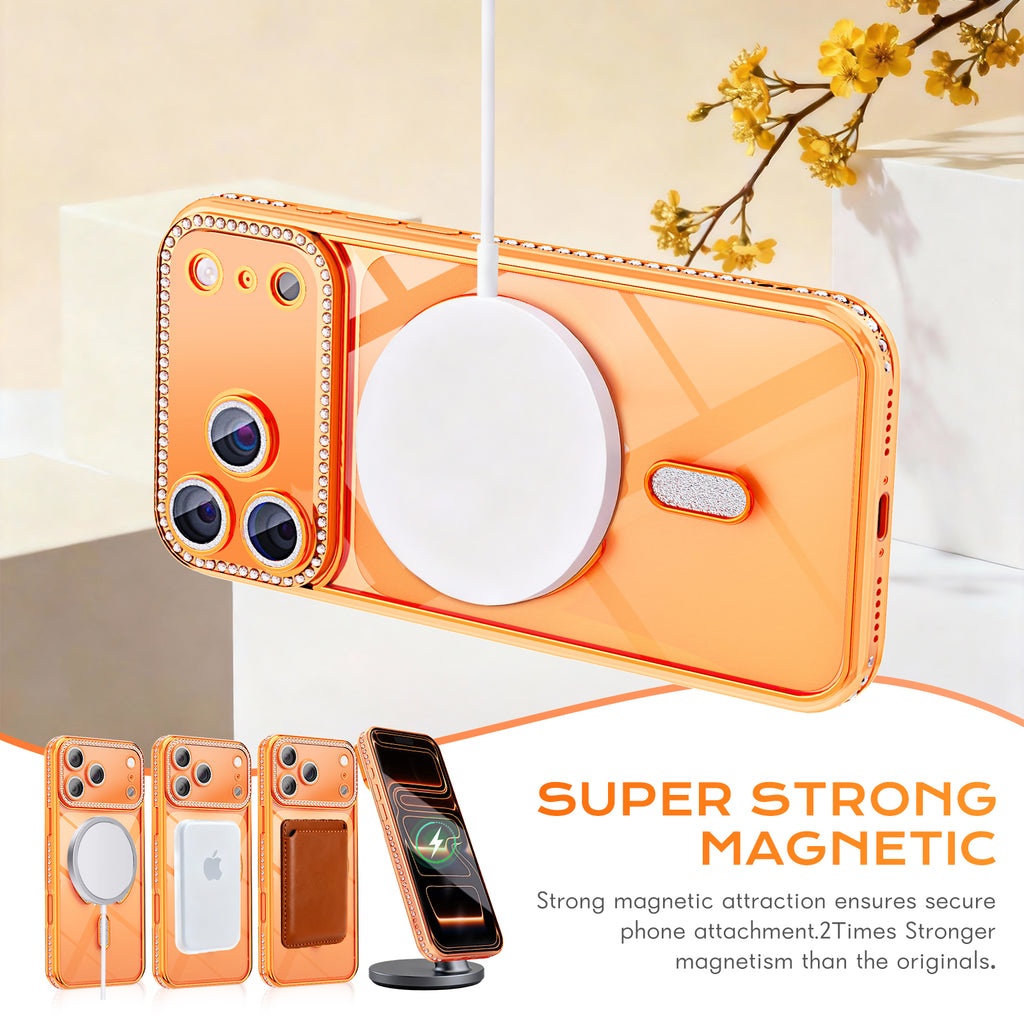 Plating Glitter Rhinestone Crtstal Clear Case For iPhone,Compatible with MagSafe,Camera Lens Protector