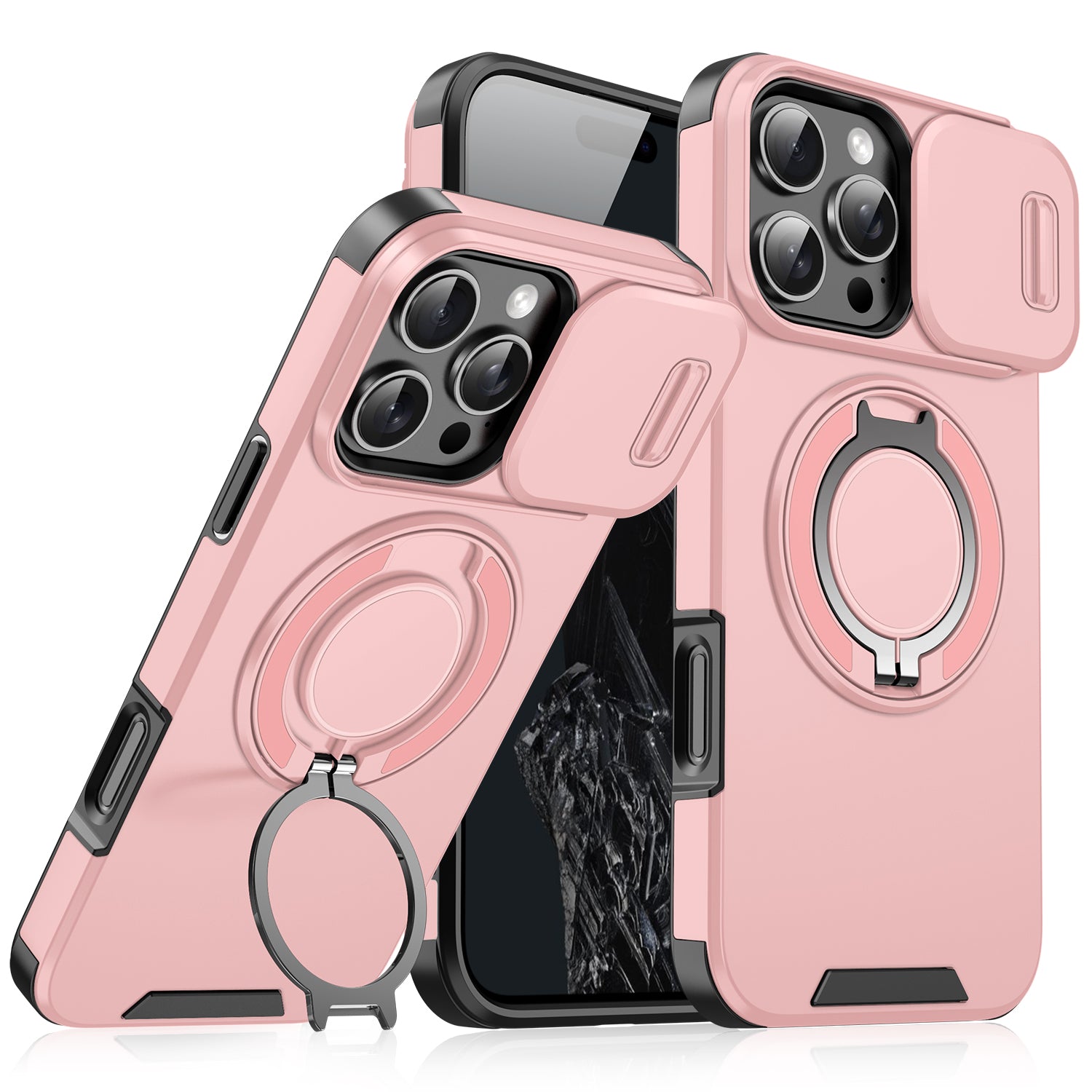 Heavy Duty Case for iPhone,Sliding Camera Cover with Rotate Ring Kickstand