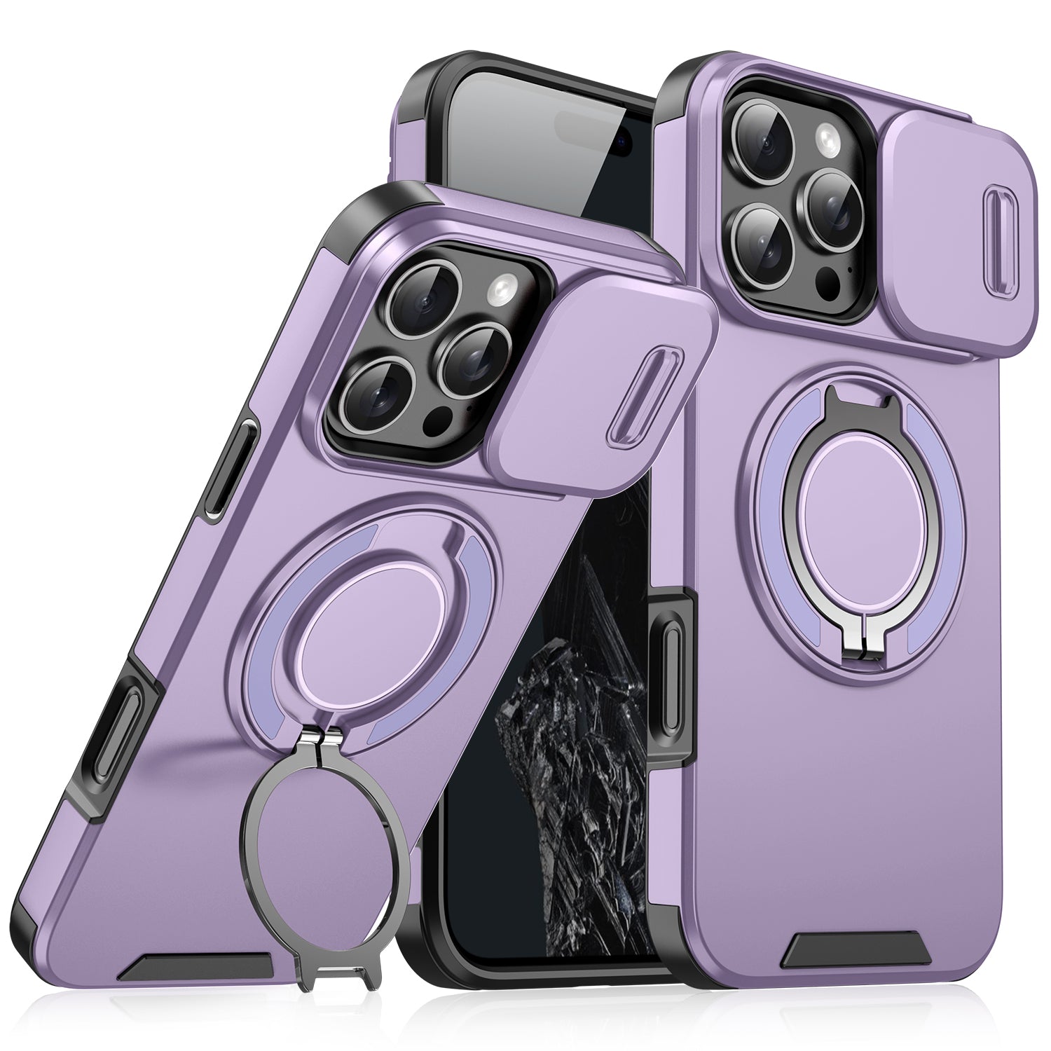Heavy Duty Case for iPhone,Sliding Camera Cover with Rotate Ring Kickstand