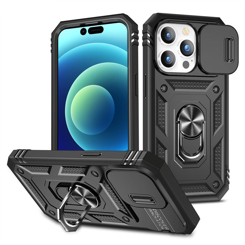 Slide Camera Lens Protection Rugged iPhone Case for Magnetic Ring Stand Heavy Duty Drop Protection Cover