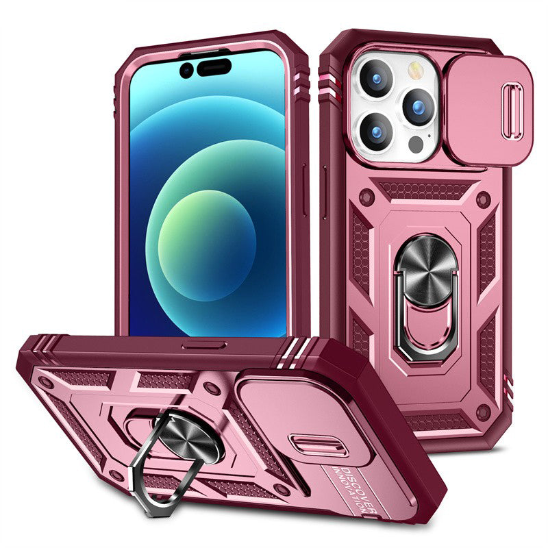 Slide Camera Lens Protection Rugged iPhone Case for Magnetic Ring Stand Heavy Duty Drop Protection Cover