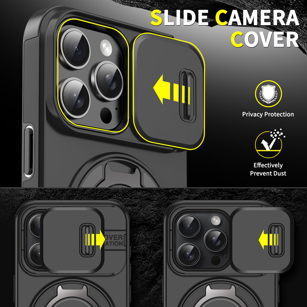 Heavy Duty Case for iPhone,Sliding Camera Cover with Rotate Ring Kickstand