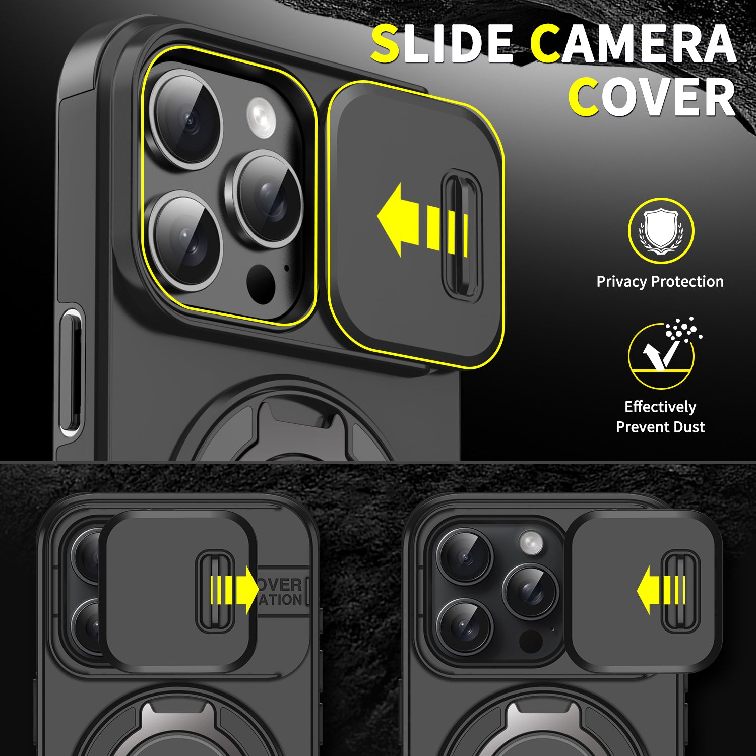 Heavy Duty Case for iPhone,Sliding Camera Cover with Rotate Ring Kickstand
