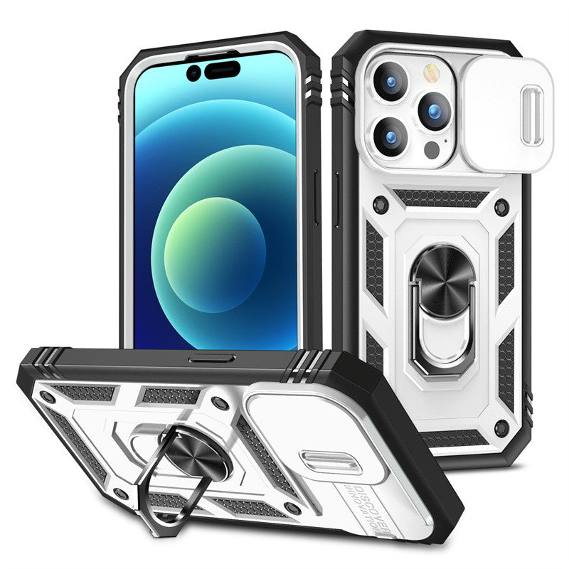 Slide Camera Lens Protection Rugged iPhone Case for Magnetic Ring Stand Heavy Duty Drop Protection Cover