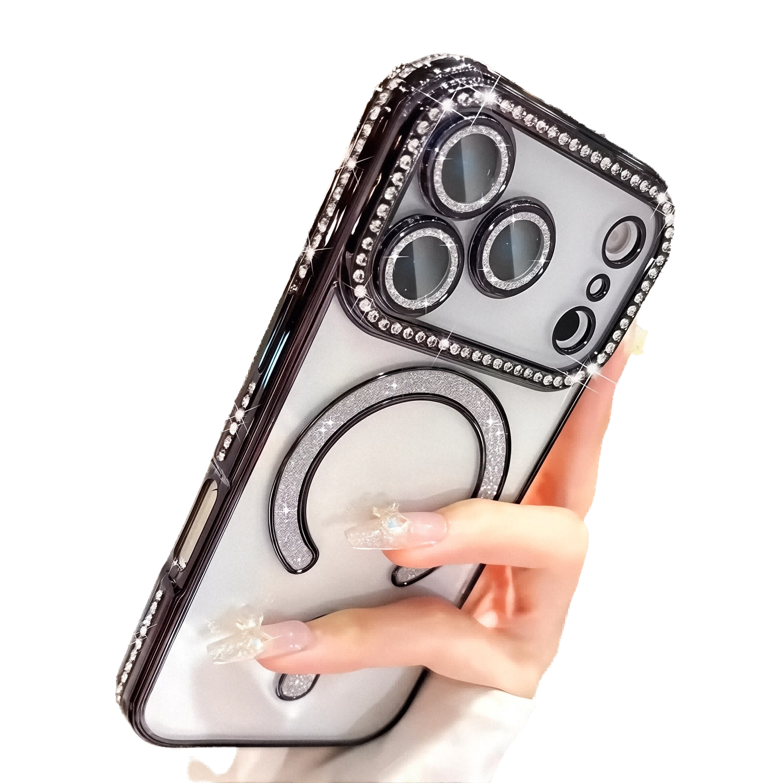 Plating Glitter Rhinestone Crtstal Clear Case For iPhone,Compatible with MagSafe,Camera Lens Protector